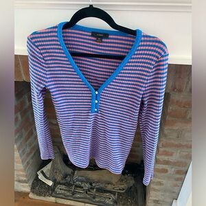 J. Crew Stripes Pink & Blue V Neck 3 Button Long Sleeve Henley XS